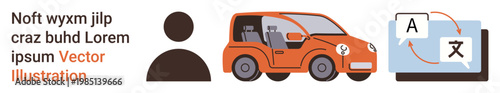 Transportation, language learning, translation services, global communication, travel concepts, education. Black silhouetted person, orange car language translation screen. Translation services