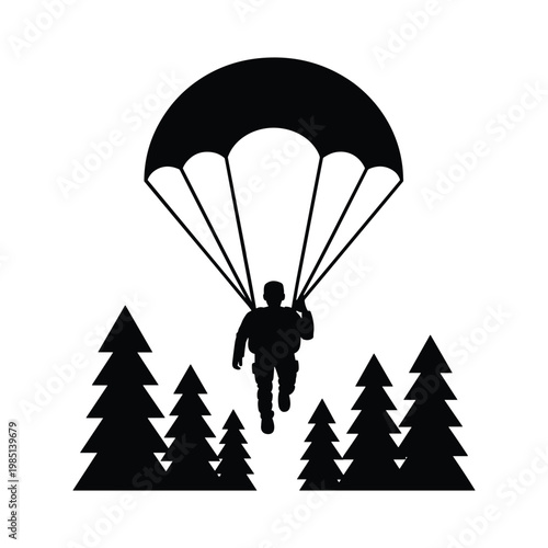 Paratrooper descending with a parachute silhouette over a pine forest landscape background