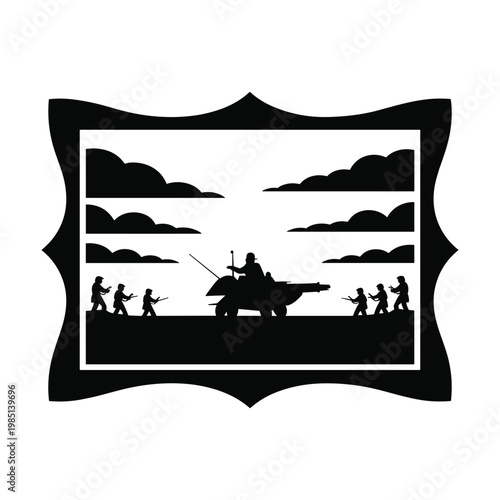 Military vehicle with soldiers in a framed landscape illustration military landscape