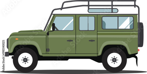 Classic Off-Road Adventure SUV with Roof Rack and Spare Tire Side View Flat Vector Illustration for Safari and Travel Concept
