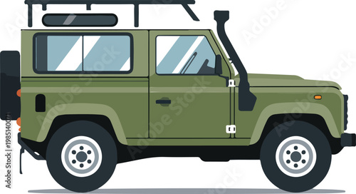 Classic Off-Road Adventure SUV with Roof Rack and Spare Tire Side View Flat Vector Illustration for Safari and Travel Concept
