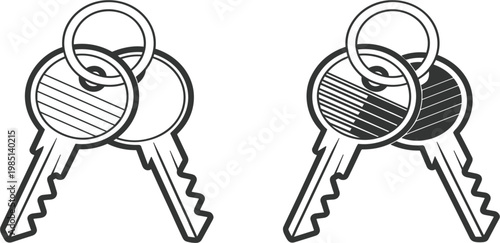 Hand drawn house key set on keychain ring for real estate security and new home ownership vector