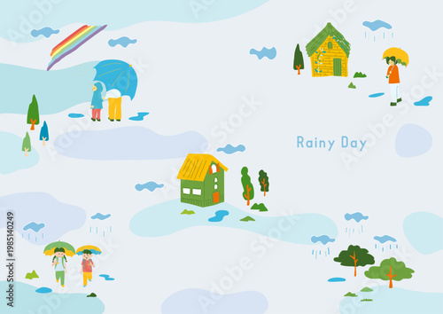 雨の山の町背景