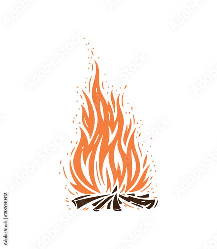 Wood Campfire. Outdoor Bonfire. Fire Flame and Wooden Logs. Burning Firewood or Fireplace. Hand-drawn Vector illustration