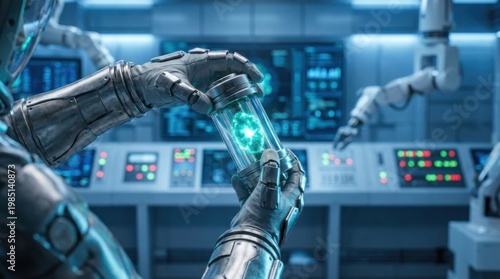 Futuristic Robot Holding Glowing Energy Container in Modern Lab