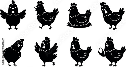Black silhouette chicken vector art set with various poses and an egg