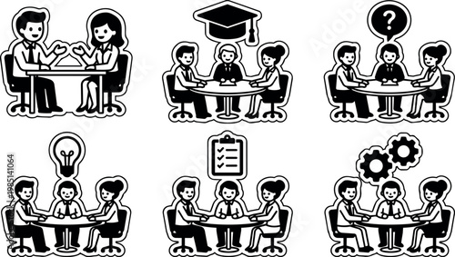 Black and white business team meeting icons with thought and idea symbols