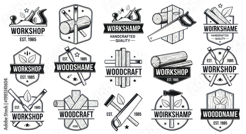 Woodworking Workshop Emblems, Vintage Craftsmanship Badges, Tools, and Wood