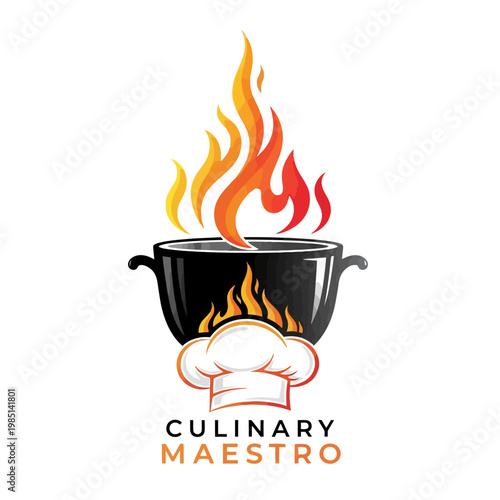 Culinary Maestro Logo with Flaming Pot and Chef Hat.