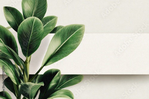 Lush green leaves beside clean, white banner, earthy elegant aesthetic