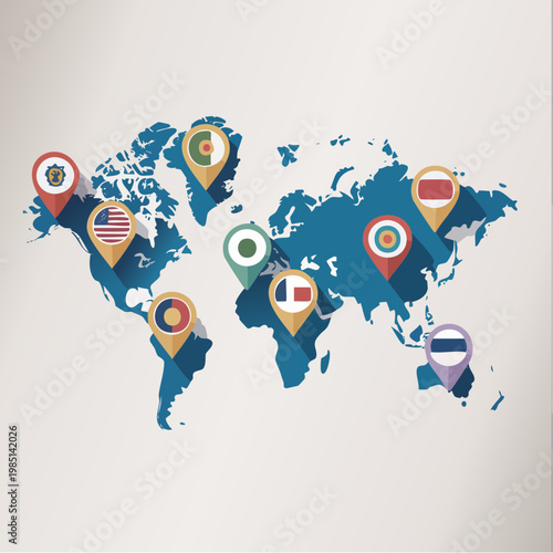 World map with colorful location pins and flags illustration