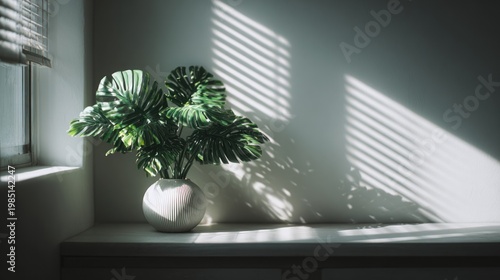 Sunlight Shadows Cast by Window Blinds on a Potted Monstera Plant in a Bright Minimalist Room