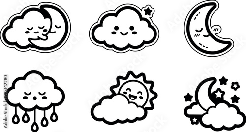 Cute black and white weather icons with moon sun cloud stars raindrops