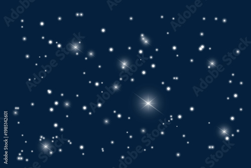 Dark blue starry sky background with glowing white stars and soft light sparkle effect