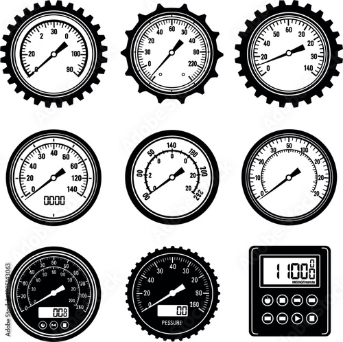 Set of Vector Illustrations Featuring Various Pressure Gauges, Meters, and Digital Instruments for Industrial and Technical Designs