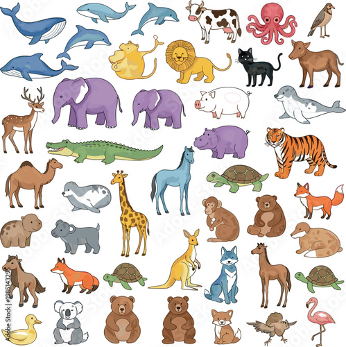 Set of Colorful Cartoon Animal Illustrations Including Land and Sea Creatures for Children's Books, Education, and Wildlife Designs