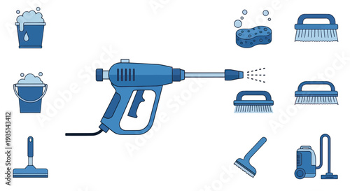 Cleaning tools set, high pressure washer, bucket, brushes, sponge, vacuum cleaner