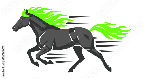 Dynamic Dark Horse Galloping with Neon Green Mane and Tail, Motion Blur