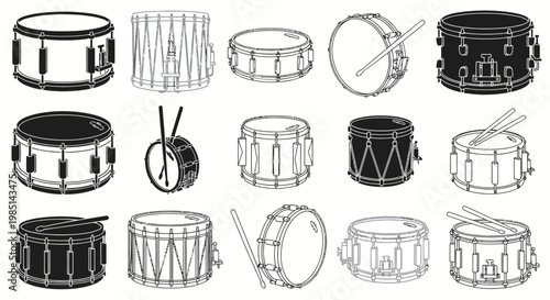 Drum Collection: Variety of Snare Drums and Bass Drums in Black and White Illustrations