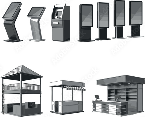 Set of Digital Kiosk, ATM, and Commercial Stalls Vector Illustration for Urban Design, Retail Spaces, and Digital Interface Projects