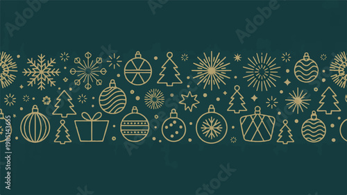 A flat design illustration featuring festive Christmas ornaments and decorations on a dark green background