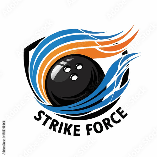 Bowling ball with dynamic fiery swooshes and shield emblem.