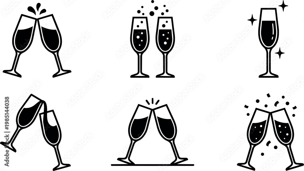 Obraz premium Black and white champagne glasses clinking celebration icons set