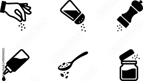 Black and white icons of salt pouring hand spoon and grinder