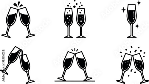 Black and white champagne glasses clinking celebration icons set