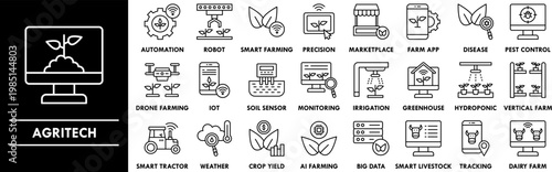 Agritech outline icon collection set. Containing design agricultural technology, smart farming, digital agriculture, precision farming