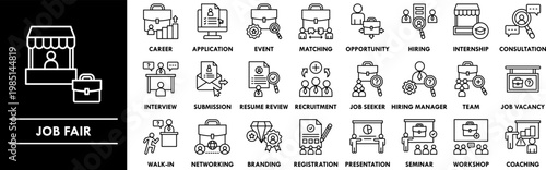 Job Fair outline icon collection set. Containing design career fair, recruitment, hiring event, job recruitment, employment