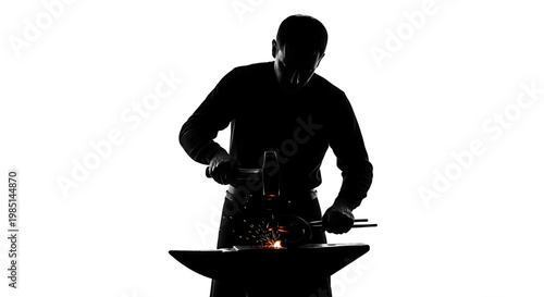 A blacksmith working at an anvil in a dark silhouette against a white background