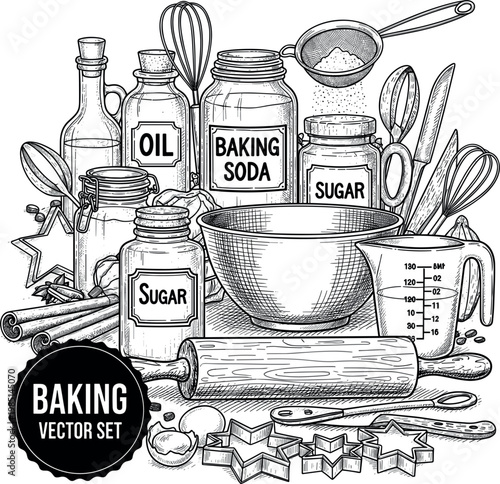 Set of Vector Illustrations Featuring Baking Ingredients and Tools Including Flour, Sugar, Rolling Pin, and Measuring Cups for Culinary Designs