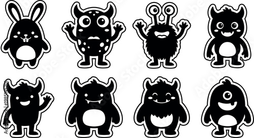 Black and white cartoon monster characters set with horns and one eye vector art