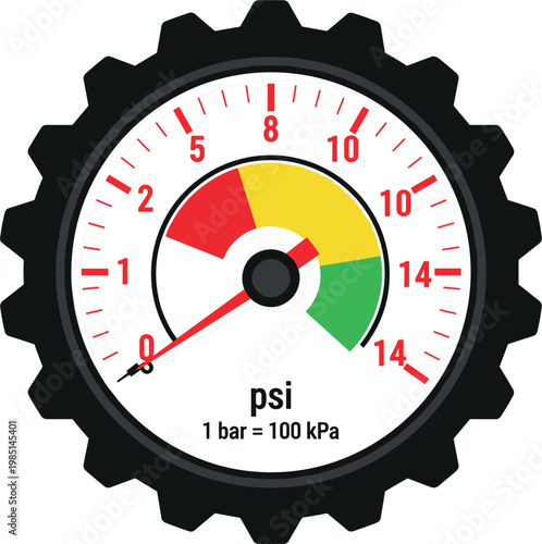 Vector Illustration of a Pressure Gauge with PSI and Gear Design for Industrial, Mechanical, and Automotive Applications