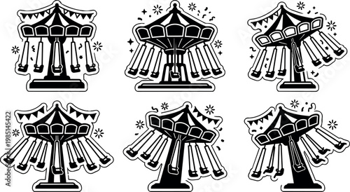 Black and white vintage carousel swing ride six positions vector art