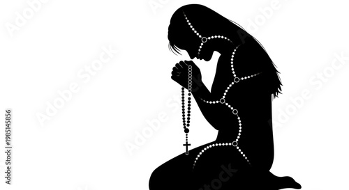 A silhouette of a woman kneeling in prayer with a rosary