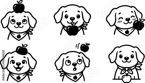 Black and white line art puppy with apple and bandana six expressions vector illustration