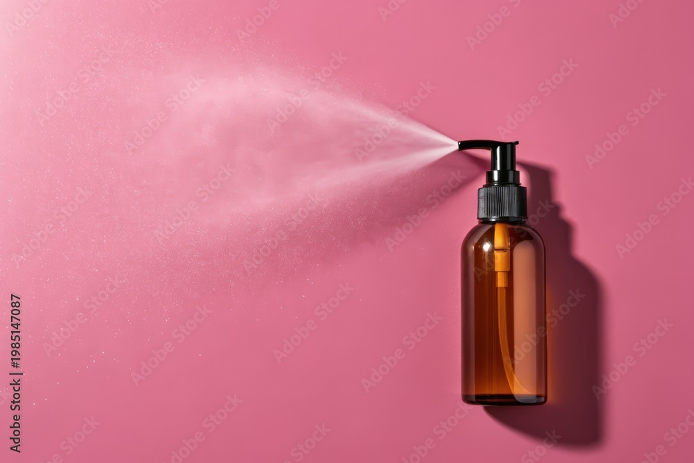 Naklejka premium amber glass spray bottle dispensing mist on pink gradient background
