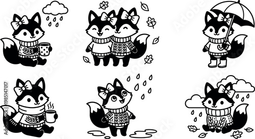 Black and white foxes in sweaters with bows holding mugs and umbrella in rainy autumn weather vector art