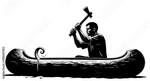 A black and white vector illustration of a man paddling a canoe with an oar