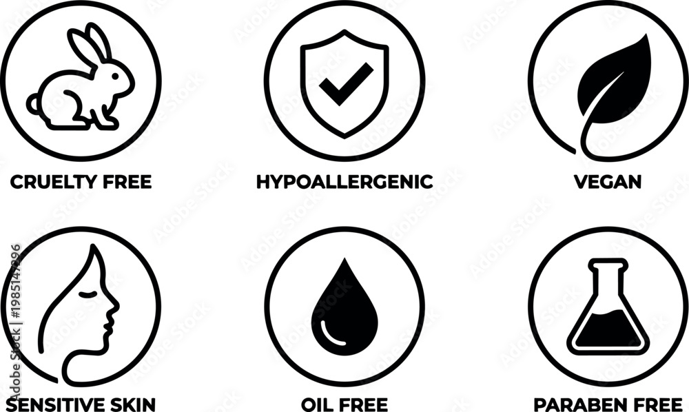 Obraz premium Black and white cruelty free hypoallergenic vegan sensitive skin oil free paraben free icons vector art