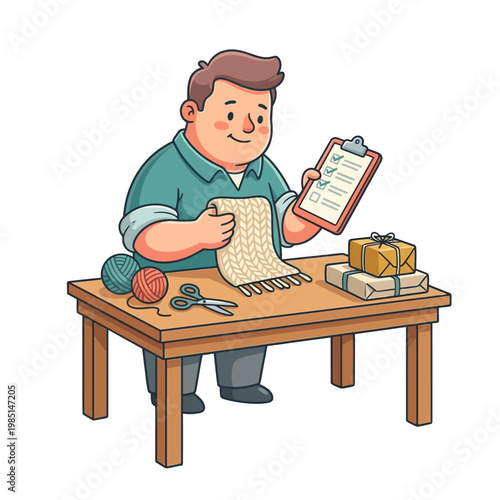 Home business owner managing a custom handmade order with product and clipboard at a worktable in clean cartoon flat vector style on white isolated background