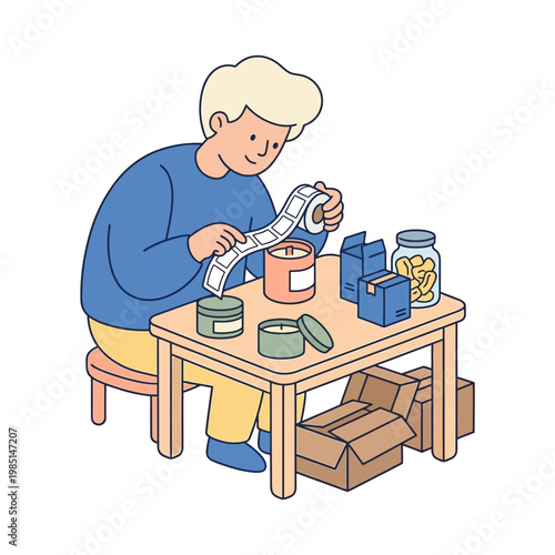 Small home business owner labeling finished products before packing at a tidy desk in a bright cartoon flat vector illustration on white isolated background