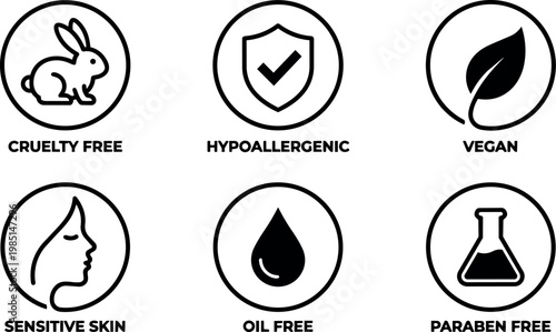 Black and white cruelty free hypoallergenic vegan sensitive skin oil free paraben free icons vector art