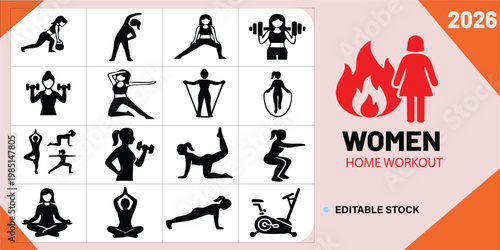 Women Home Workout Icon Set Female Fitness Silhouette Vector Collection Yoga Exercise Training Icons Isolated on White Background