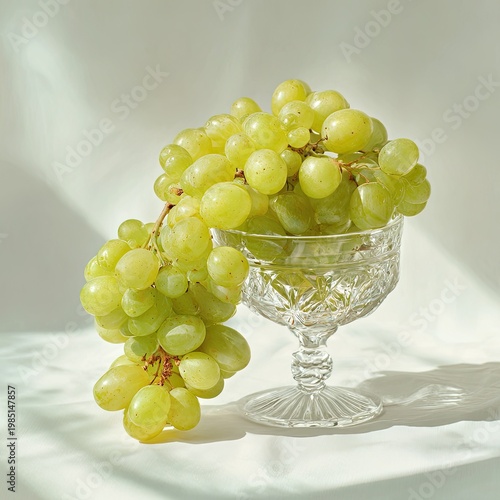 Lush green grapes spill from elegant crystal goblet, white background