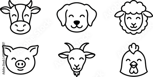 Smiling farm animal faces cow dog sheep pig goat and chicken line art icons