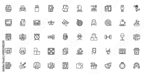 Stay at Home icon set. Vector illustration with online shopping, videogames, cactus, music, chat, chess, manicure, diary and more. Editable stroke.