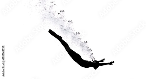 A black silhouette of a person diving into water with bubbles rising up